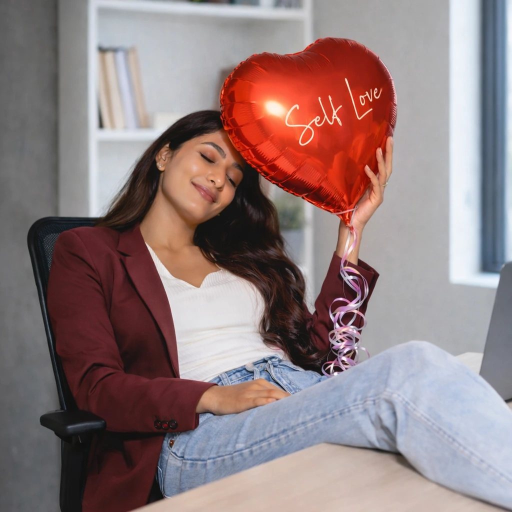 Suhana Tai holding a heart-shaped 'Self Love' balloon on a couch